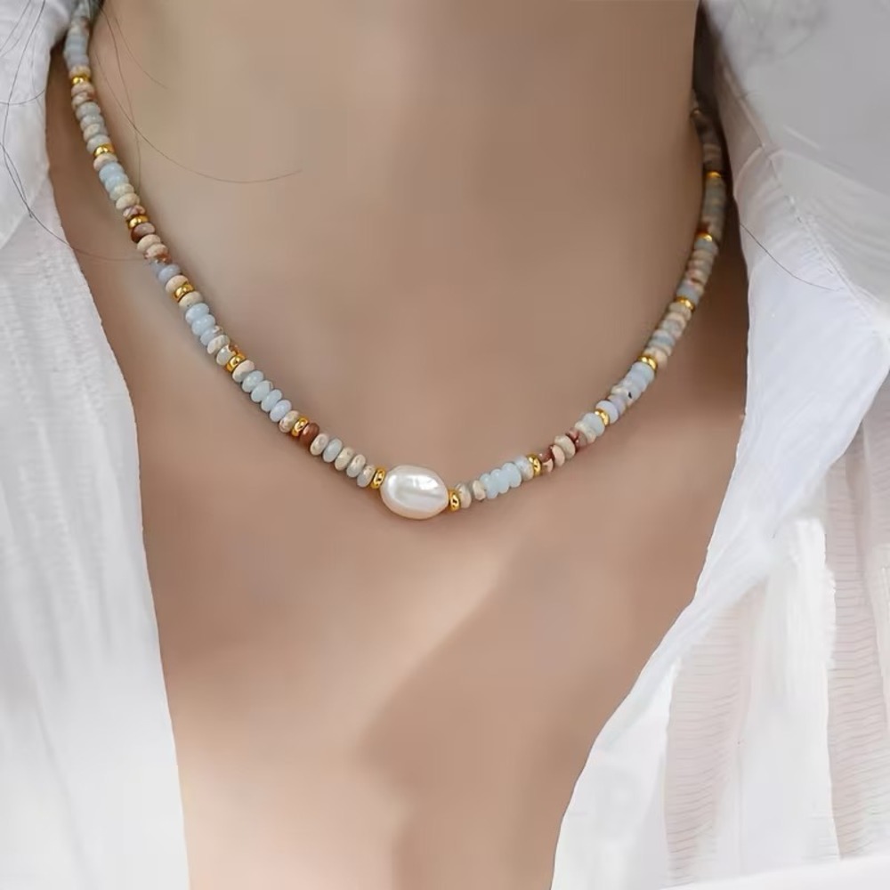 Beaded Pearl Choker Necklace Gold Tone Blue Stone Baroque Pearl Adjustable 15"